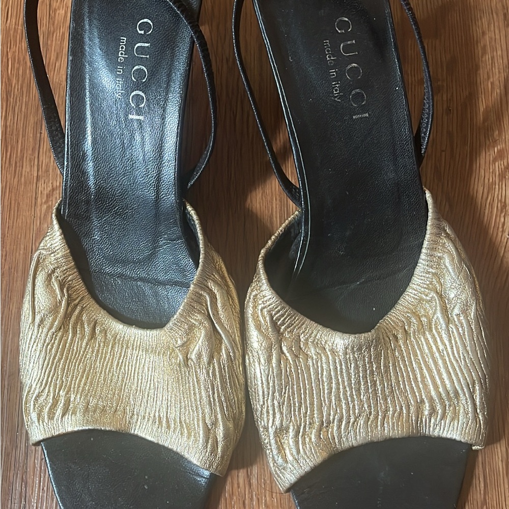 Gucci Gold and Black Slingback Heels